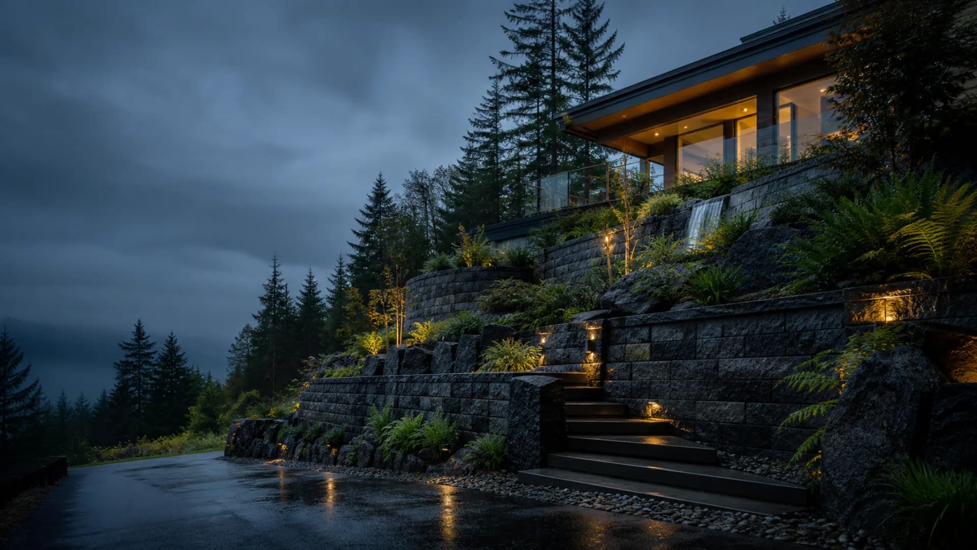 Concept visualization of terraced retaining walls on a rain-soaked Maple Ridge hillside