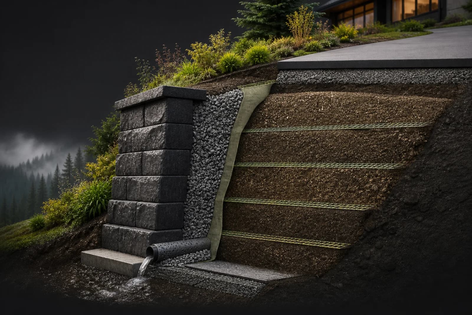Concept cutaway of a retaining wall face, retained soil, drainage stone, reinforcement, and an upper driveway